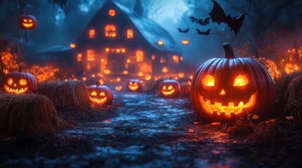 Naklejka premium Spooky Halloween scene with carved pumpkins and a haunted house.