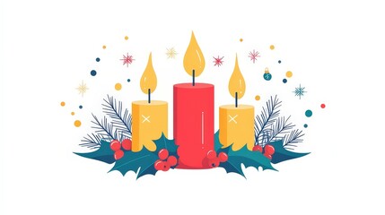 Obraz premium Festive Candle Trio with Holly Leaves and Berries in Simple Flat Design for Christmas Decorations