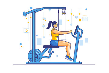 A flat art-style illustration of people exercising in a gym, featuring individuals using equipment such as weights and treadmills. The minimalistic design highlights fitness and health