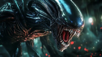 Xenomorph Alien Monster Close Up with Ferocious Teeth and Glowing Eyes