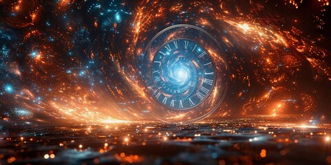 A mesmerizing cosmic scene depicting an ethereal, swirling vortex in space, intertwined with a giant clock face. The clock, with its Roman numerals, appears to be suspended in the vastness of the univ