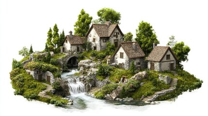 Obraz premium Stone houses and a waterfall on a lush green hill with steps leading up to them.