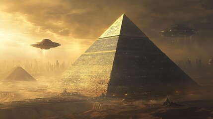 UFO hovering over ancient pyramid in desert landscape, science fiction concept art