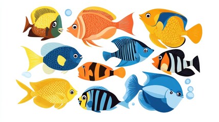 Fototapeta premium Colorful Diverse Tropical Fish Swimming Together in Vector Illustration on White Background, Ocean Themed Design with Vibrant Colors and Basic Shapes