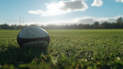 A rugby ball resting on grass, with a scenic background of a field and sky.