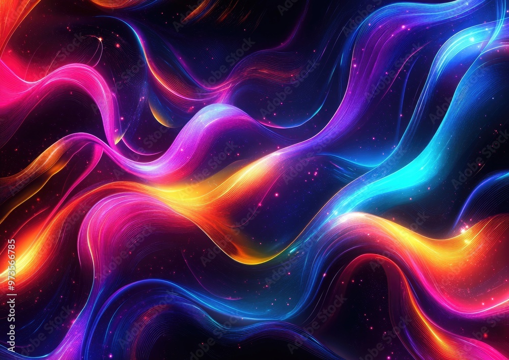 Poster glowing wavy lines template featuring colorful lighting in a dark setting creating an abstract backg