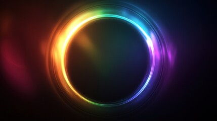 Abstract glowing neon circle with rainbow color on dark background.