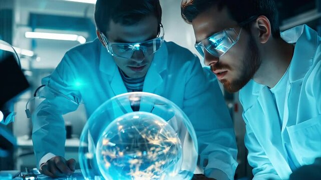 Two young adult male student scientists making a huge scientific breakthrough in a futuristic college physics laboratory.