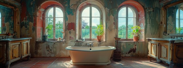 Obraz premium Designer oasis - bathroom in unique style, blending innovative design elements, luxurious features, artistic touches to create space that redefines traditional bathroom aesthetics.