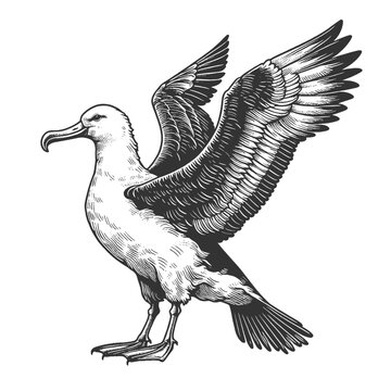 recommend clip art: albatross with wings spread, showcasing fine feather details in vintage engraving style sketch engraving generative ai vector illustration. Scratch board imitation. Black and white image.