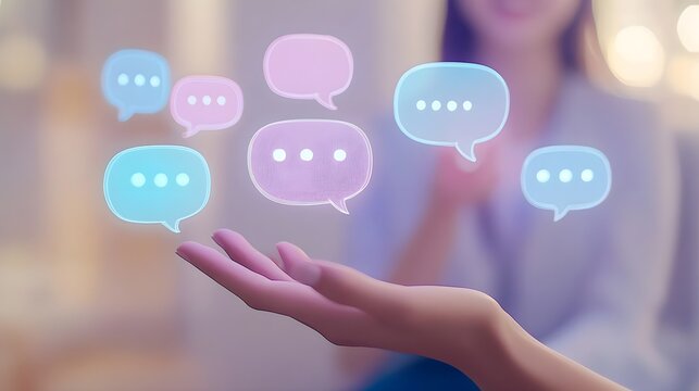 A hand holding colorful speech bubbles, symbolizing communication, conversation, and interaction in a modern digital context.