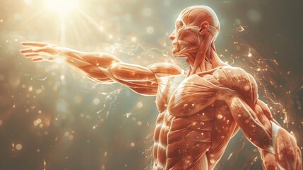 Powerful muscular male figure with glowing energy surging from his body showcasing strength fitness and a dynamic superhuman in a dramatic fantasy inspired digital