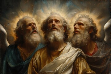 Obraz premium Sacred representation: icon depicting holy trinity, featuring god the father, god the son, and god the holy spirit, illustrating divine unity and mystery of christian theology in artistic form.