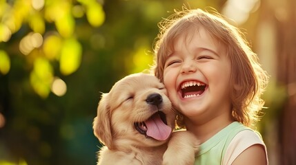 A joyful child laughing with a playful puppy, capturing a moment of happiness and innocence in a sunny outdoor setting.