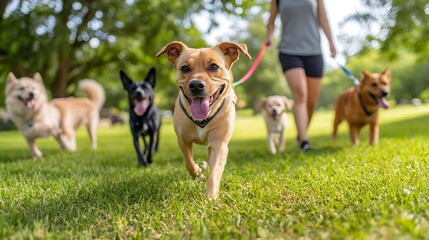 A joyful dog runs alongside friends on a sunny day, showcasing the bond between pets and their owner in a park setting.