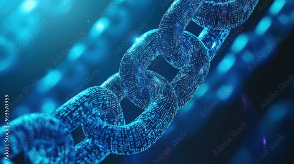 Poster blue digital chain links made of code.
