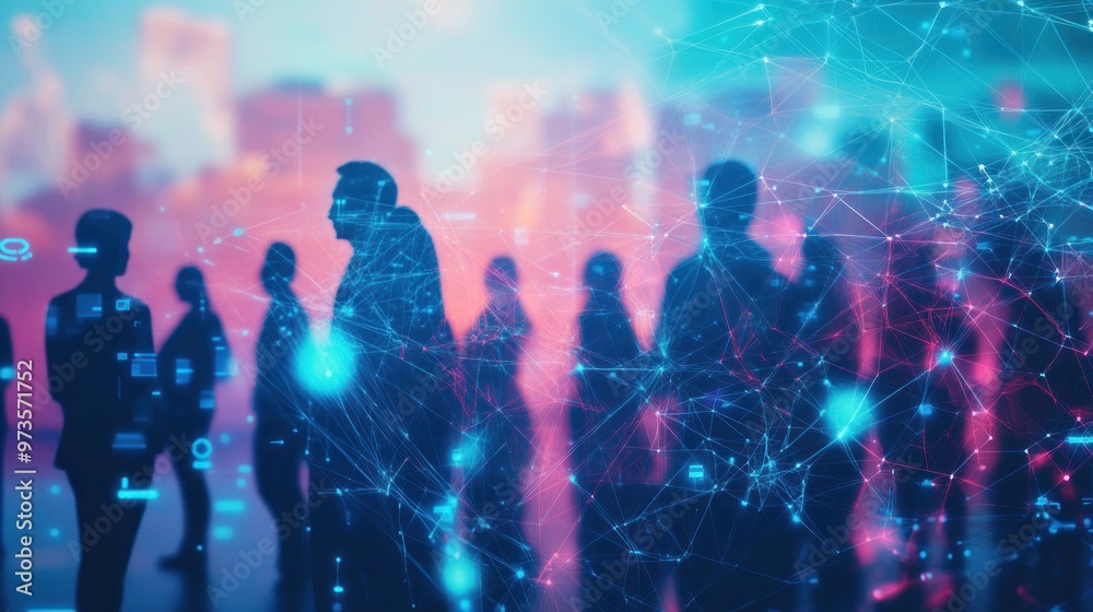 Poster silhouettes of people walking through a network of glowing lines.