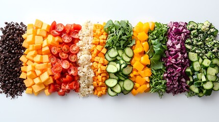 A beautifully styled salad bar with an array of colorful, fresh ingredients on a white background, highlighting the textures and sharpness of each item