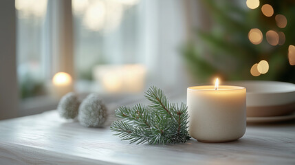 minimalist background with a white candle and christmas decoration symbolizing relaxation, tranquility, and prosperity