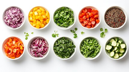 A selection of vibrant salad ingredients displayed in bowls on a white background, each item arranged with attention to detail and clarity