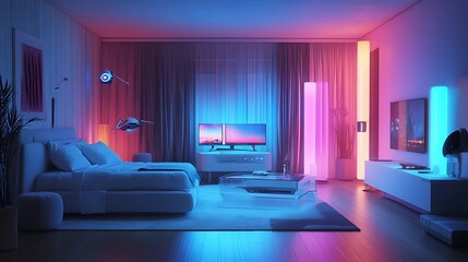 Modern living room with smart home technology and colorful RGB lighting.