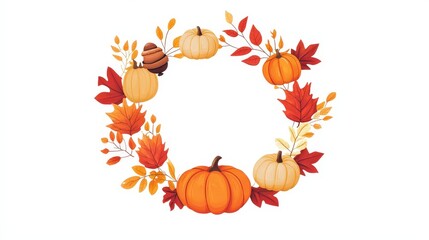 Naklejka premium Vibrant Autumn Wreath in Simple Flat Design with Pumpkins, Leaves, and Acorns on White Background