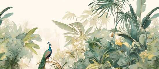Mural design featuring tropical plants a peacock and a watercolor background perfect for wallpaper