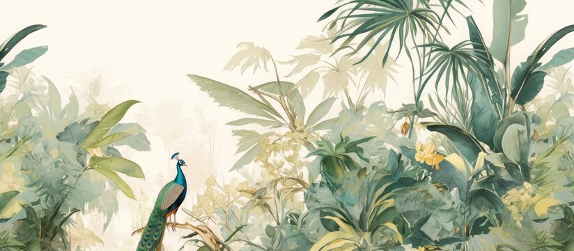 Fototapeta Mural design featuring tropical plants a peacock and a watercolor background perfect for wallpaper