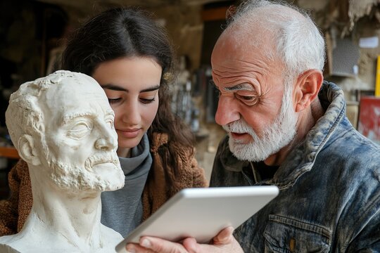 A young woman and an elderly man looking at a tablet. They are looking at something on the tablet related to the art sculpture.