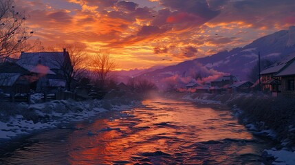 Sunset over a river with a village on the horizon, vibrant colors.