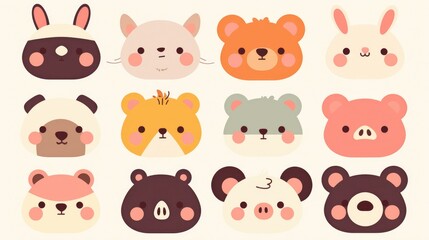 Collection of adorable animal faces featuring a rabbit giraffe bear and pig Ideal for baby cards invitations nursery decor and apparel Modern vector illustration in a playful cartoon style