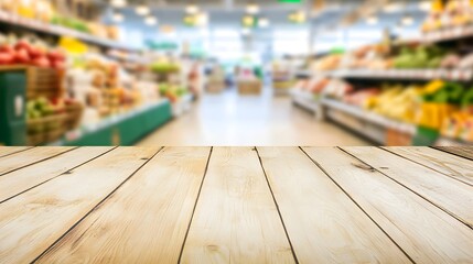 A rustic wooden table in a supermarket with a blurred background filled with vibrant fruits and vegetables, perfect for marketing.