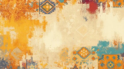 Painting of a boho style carpet bath mat and rug featuring an ethnic design pattern with a distressed texture and abstract effects