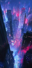 A high-angle perspective of a futuristic superhero city