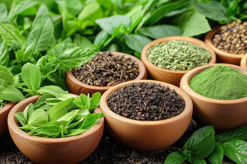 Variety of fresh herbs and spices in bowls on a wooden table
