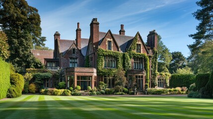 A grand, ivy-covered brick mansion with a manicured lawn and lush greenery.