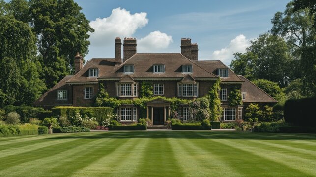 A classic brick manor house with a manicured lawn and lush greenery.