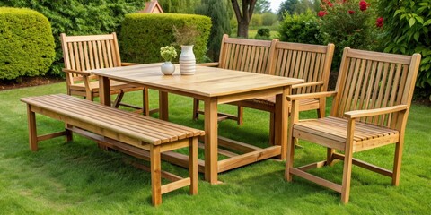 Obraz premium Wooden garden furniture set including table, chairs, and bench , outdoor, patio, backyard, wood, natural, rustic, deck