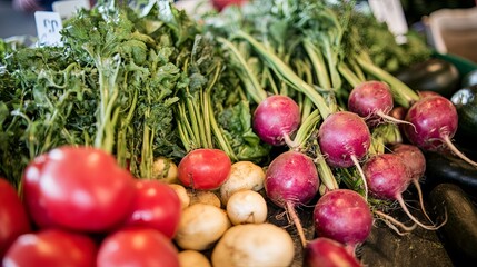  Fresh Locally Grown Vegetables at a Farmer's Market: Showcasing Vibrant Colors, Natural Freshness, and Healthy Produce with Empty Space for Text and Advertising. 