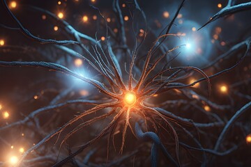 Neural network on a dark blue background with light effects. 3D rendering. A high resolution.
