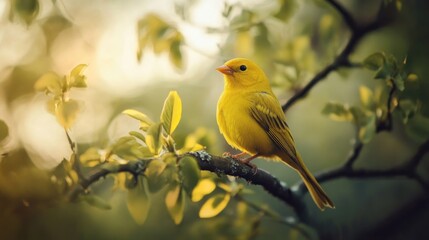 Yellow bird perched on a branch with green leaves.