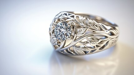 A close-up shot of a beautiful silver ring with a large, sparkling diamond in the center and...