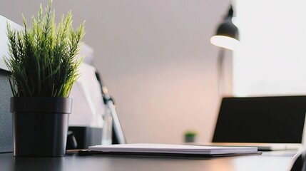 Minimalistic Workspace for Local SEO Strategy: Clean Desk with Laptop, Notepad, and Plant in Natural Light, Perfect for Small Business Optimization and Digital Marketing Plans