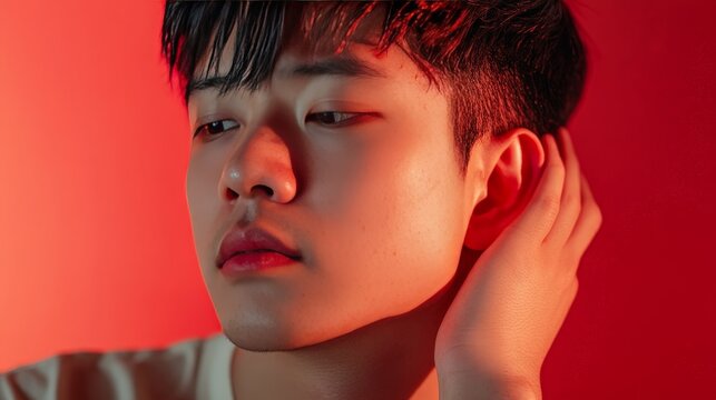 insect bite, a young Asian man experiences severe itching, leading to continuous scratching.