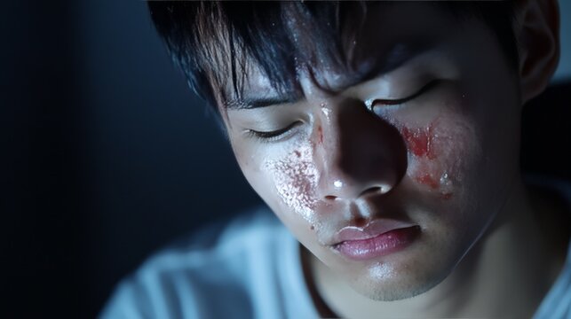 insect bite, a young Asian man experiences severe itching, leading to continuous scratching.