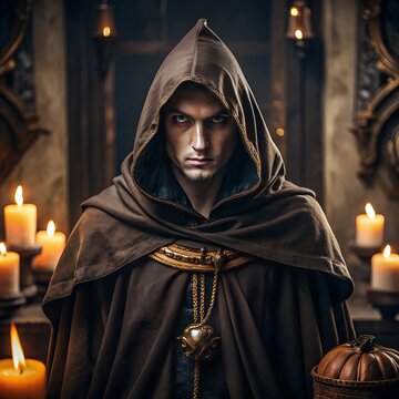 Halloween Concept | A young man in a black monk's cloak in a temple against the background of burning candles. Scary figure in hooded cloak