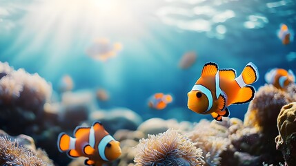 A vibrant underwater scene featuring clownfish swimming among colorful coral reefs, illuminated by sunlight.