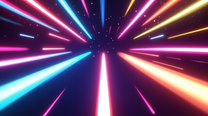 Colorful beams of light radiate outward in a vibrant cosmic display set against a dark starry backdrop.