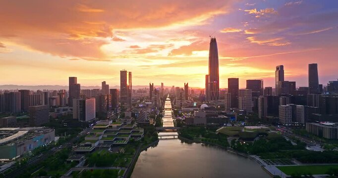 Aerial shot of modern city commercial buildings skyline in Ningbo, China