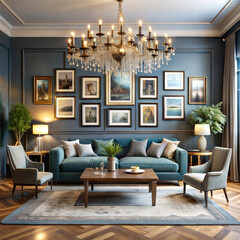 A living room with a gallery wall and a statement